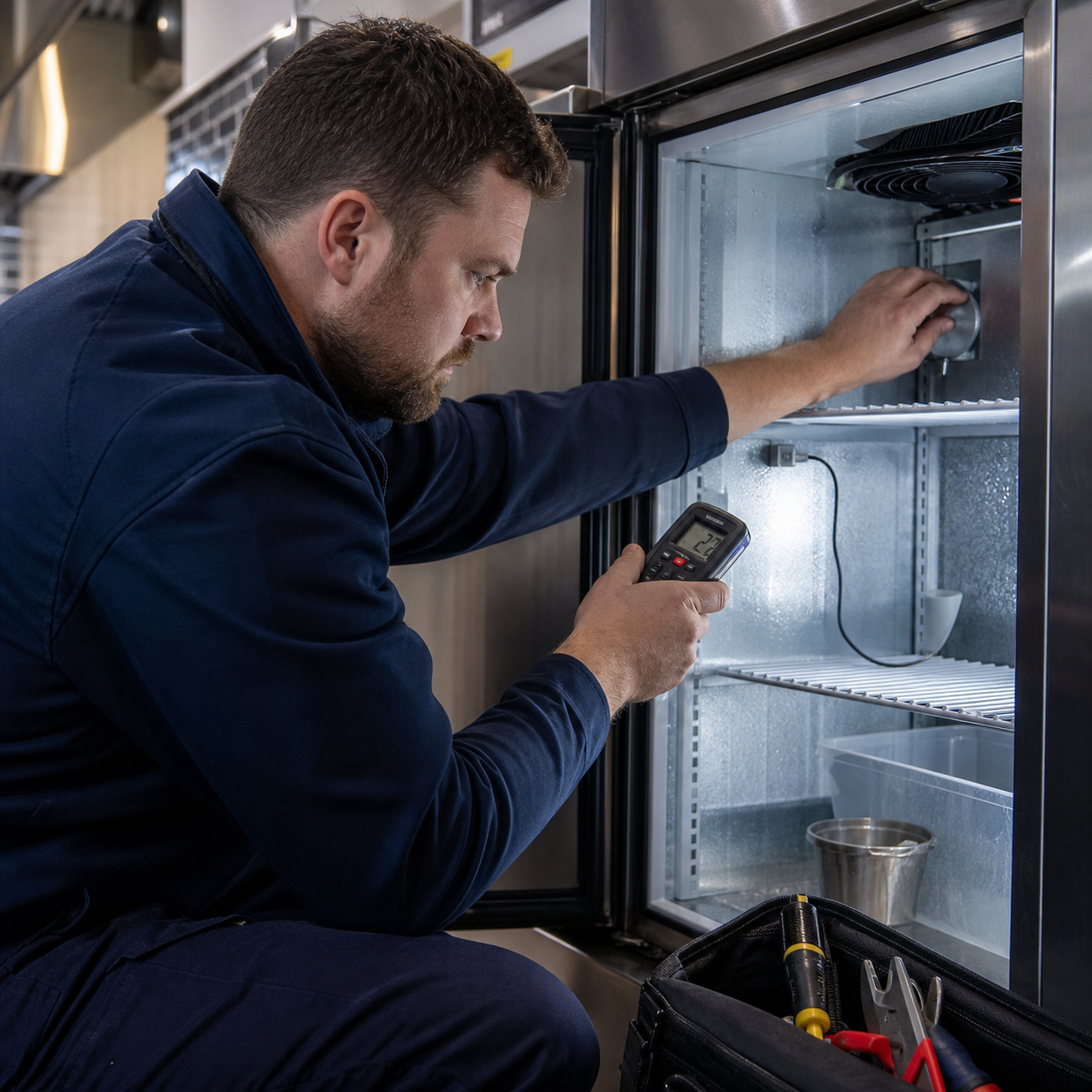 Engineer checking a commercial refrigerator